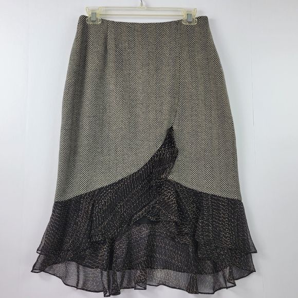 Shani Skirt Womens 6 Black Brown pencil Ruffled hem Asymmetric wool blend silk - Picture 1 of 15